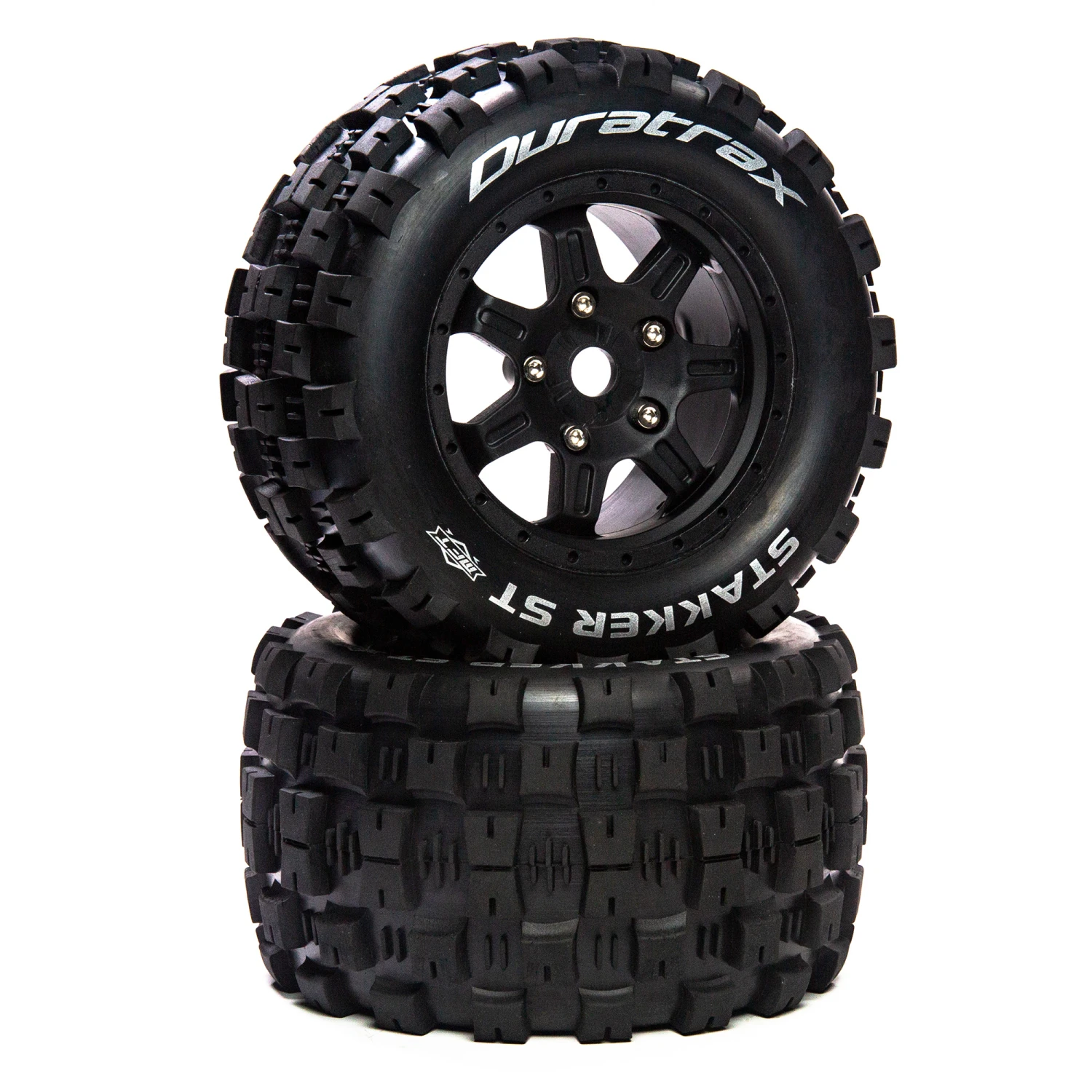 Duratrax Stakker ST Belt 3.8" Mounted Front/Rear Tires 0 Offset 17mm, Black (2) for Tires & Wheels 3 Duratrax Stakker ST Belt 3.8" Mounted Front/Rear Tires 0 Offset 17mm, Black (2) for Tires & Wheels